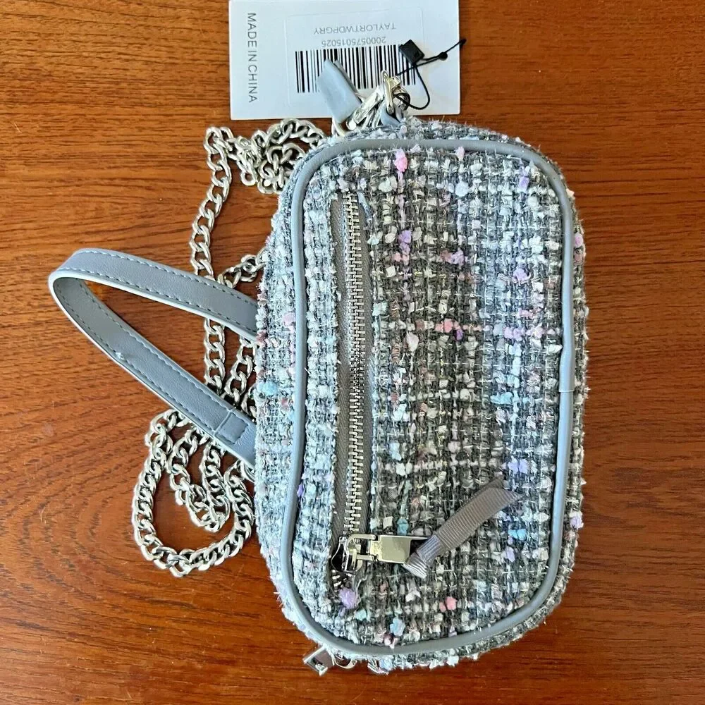 Crossbody Bag Ah-Dorned Taylor Tweed Grey White Pink NWT Camera Bag Chain